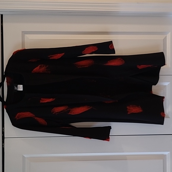 Libra 🇨🇦 Black Long Blazer/Coat W/Red knit sweater spots applicas  size Medium - Picture 2 of 8